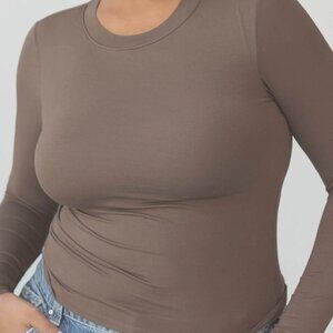 Klassy Network Solid Crew Neck Braless Long Sleeve Brami Shirt in Brown